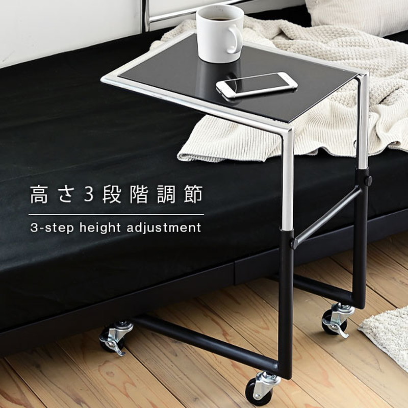 ベッドサイドテーブル スリム コの字型 ブラックガラス天板 キャスター付き 高さ調整｜kanaemina