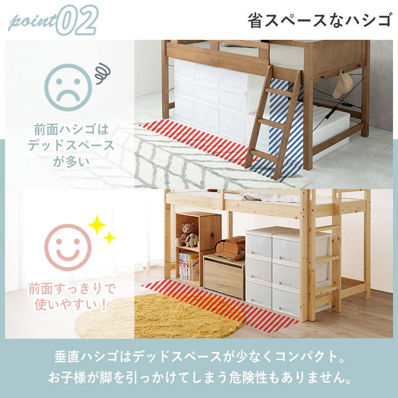 ロフトベッド マットレスセット 低め ロータイプ 高さ120cm 耐荷重250kg 省スペース垂直ハシゴタイプ 天然木 木製 低ホルムアルデヒドの画像