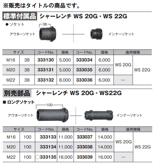 (HiKOKI) インナーソケット 333039 サイズM22 シャーレンチ専用ロングソケット 適用機種WS22G 333-039 日立 ハイコーキ