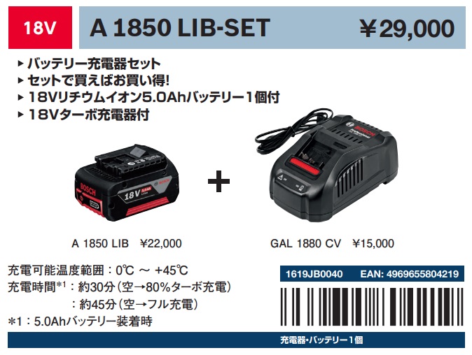 (ボッシュ) 18V バッテリー充電器セット A1850LIB-SET バッテリ(A1850LIB)+充電器(GAL1880CV)のセット BOSCH