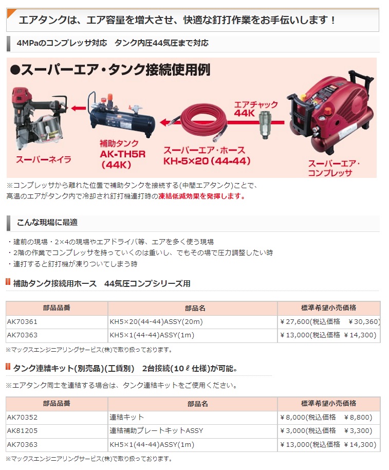 マックス 高圧接続エアタンク AK-TH5R(44K) AK94985 タンク内圧44気圧まで対応 4MPaのコンプレッサ対応 MAX 。