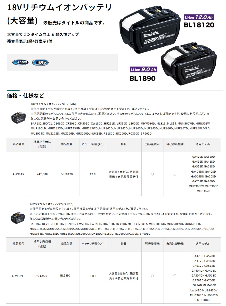 マキタ（makita） A-79809 純正品 リチウムイオンバッテリー BL1890
