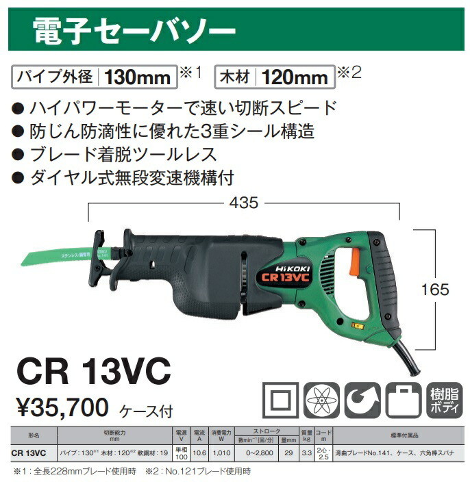 HiKOKI 電子セーバソー CR13VC ケース付 ダイヤル式無段変速機構付 日立 ハイコーキ : cr13vc : カナジン ヤフー店 - 通販  - Yahoo!ショッピング