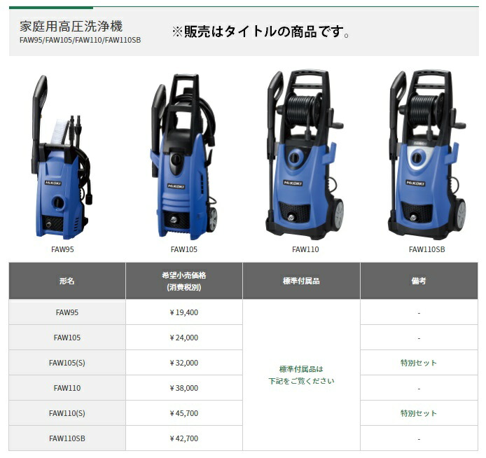 HiKOKI 家庭用高圧洗浄機 FAW105(S) 延長高圧ホース10m付 本体寸法