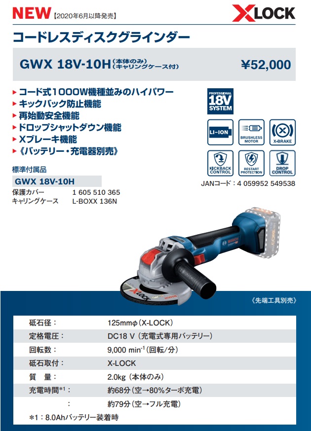 (ボッシュ) コードレスディスクグラインダー GWX18V-10H 本体のみ キャリングケースL-BOXX136N付 砥石径125mmφ  質量2.0kg X-LOCKシステム 18V対応 BOSCH