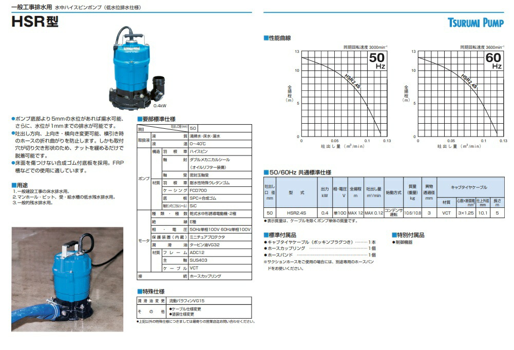 ツルミポンプ 水中ポンプ 低水位排水仕様 HSR2.4S 60Hz 0.4kW 単