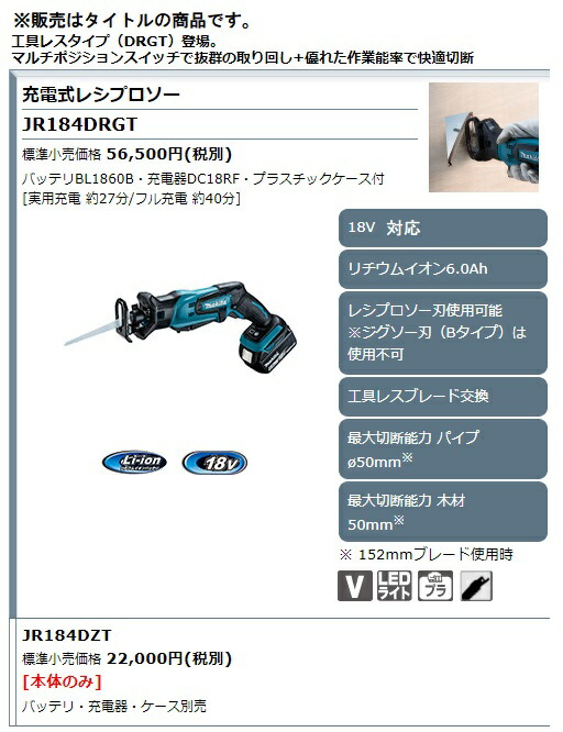 商談中でございます。マキタ(makita) JR184DZT 充電式レシプロソー Amazon | マキタ(Makita) 充電式レシプロソー 18V 3.0Ah 本体のみ