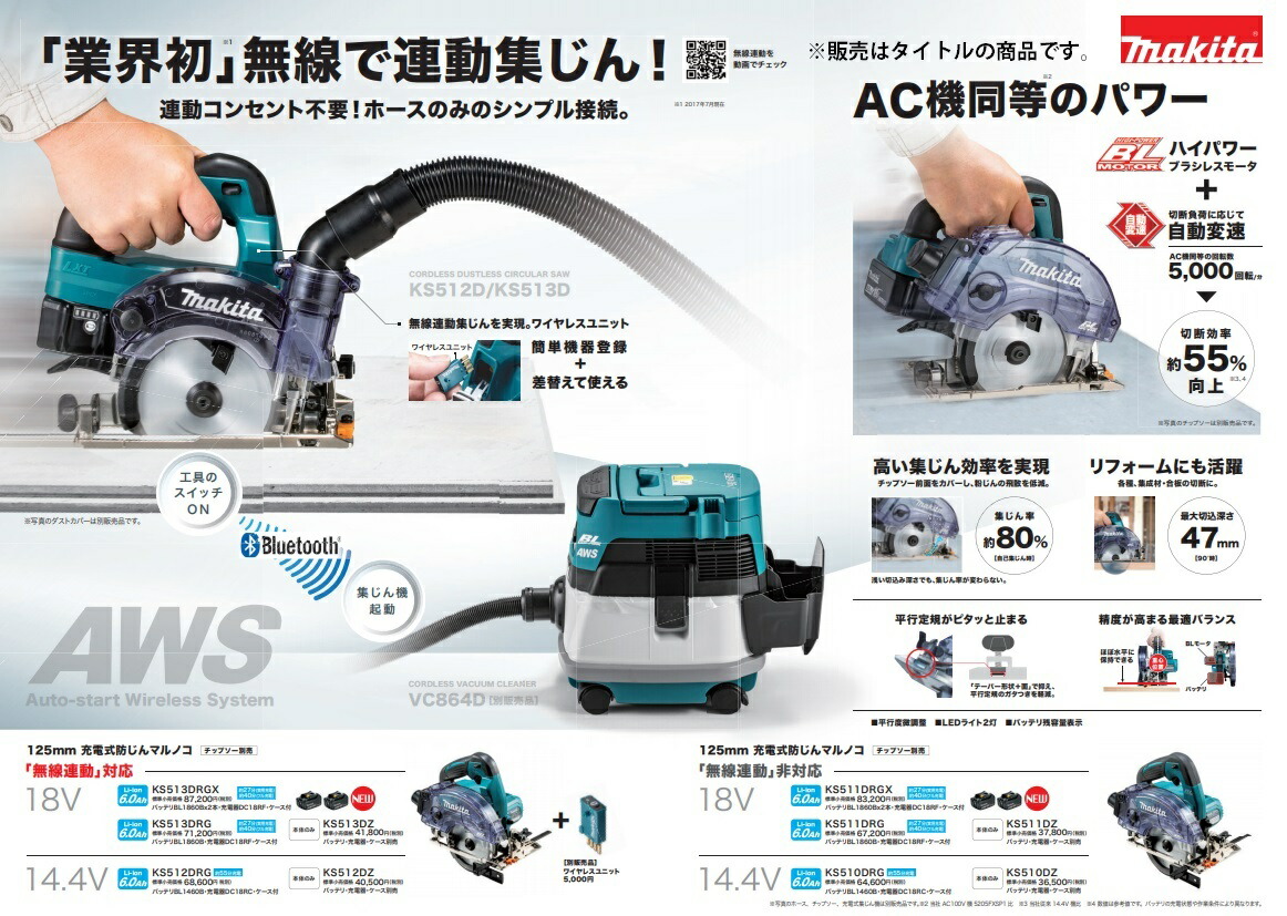 カナジン】 (マキタ) 充電式防じんマルノコ KS513DRGX バッテリ