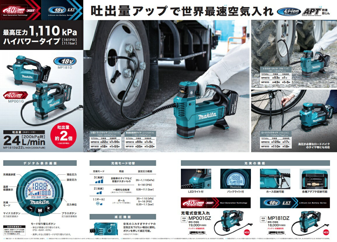 マキタ 充電式空気入れ MP181DZ+バッテリBL1860B+充電器DC18SD付 18V