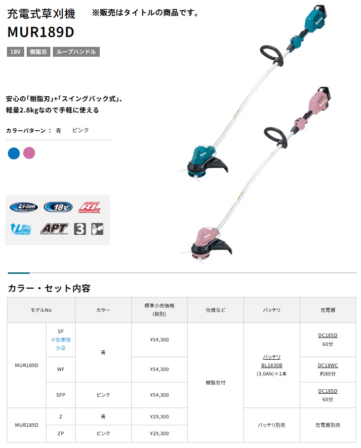 マキタ（makita） MUR189DWF 充電式草刈機 青 バッテリBL1830B+充電器