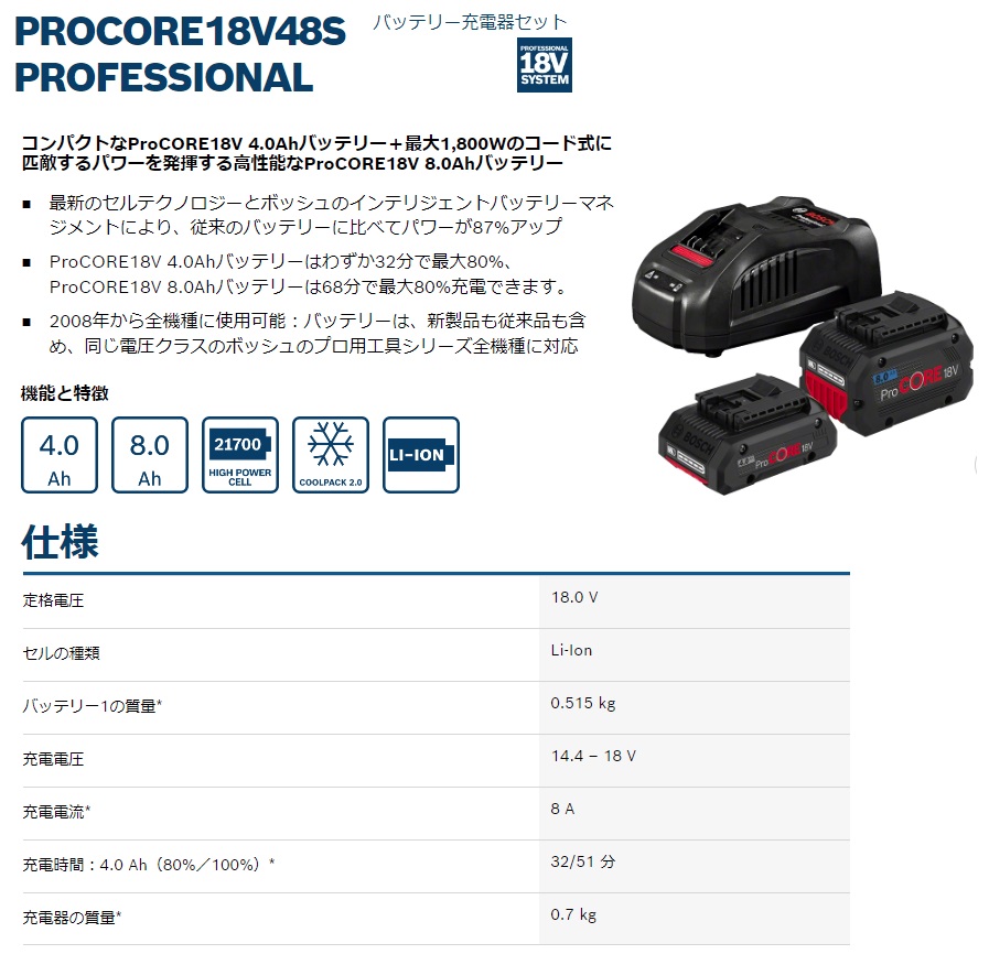 ボッシュ 18V8.0Ahバッテリー+充電器セット ProCORE18V8S2 バッテリ(ProCORE18V8.0)x2個+充電器 (GAL18V-160C)のセット BOSCH 取寄 aOsp8MvXjA, 電動工具 - www.atlanticfireltd.com