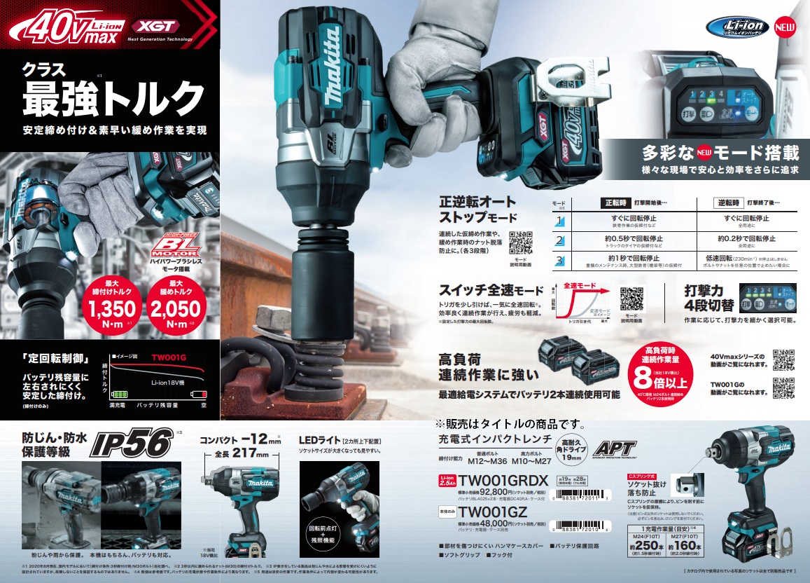 マキタ) 充電式インパクトレンチ TW001GRDX バッテリBL4025x2本+充電器