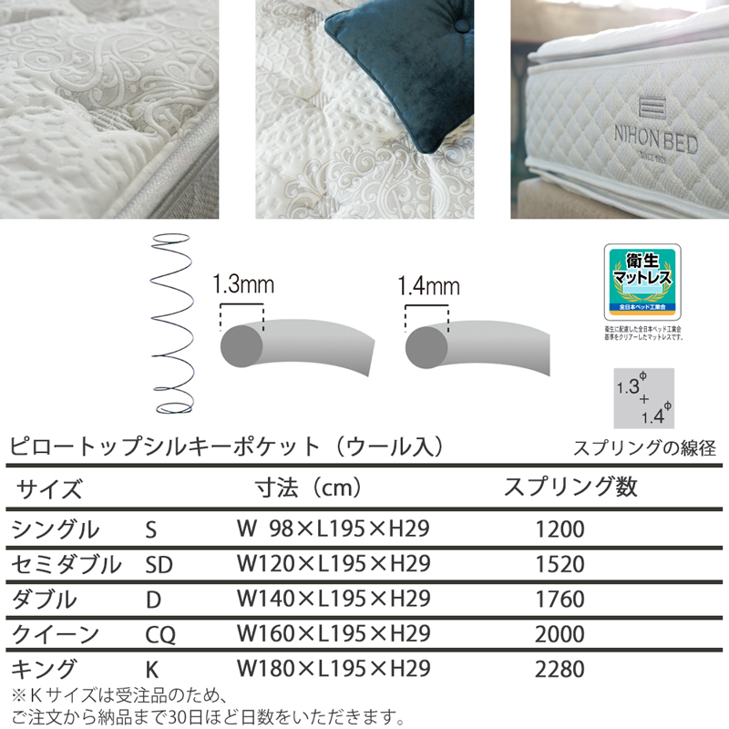 日本ベッド ピロートップシルキーポケット シングル マットレス 品