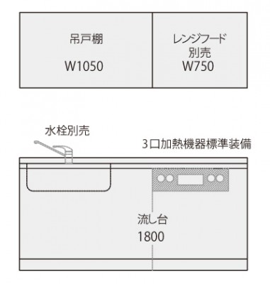 アイオ産業　CO-1800R-13ALP　流し台　加熱機器：ガスコンロ付　シンク：右(R)　ステンレス天板　間口1800mm