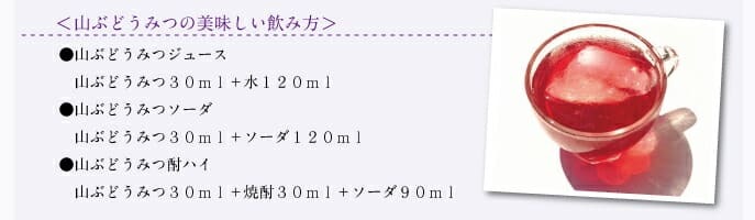 山ぶどうみつの美味しい飲み方　山ぶどうみつジュース　山ぶどうみつ30ｍｌ＋水120ｍｌ　山ぶどうみつソーダ　山ぶどうみつ30ｍｌ＋ソーダ120ｍｌ　山ぶどうみつ酎ハイ　山ぶどうみつ30ｍｌ＋焼酎30ｍｌ＋ソーダ90ｍｌ