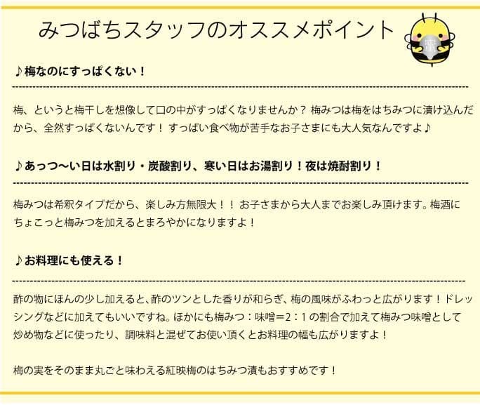 みつばちスタッフのオススメポイント　梅なのにすっぱくない！梅、というと梅干しを想像して口の中がすっぱくなりませんか？梅みつは梅をはちみつに漬け込んだから、全然すっぱくないんです！酸っぱい食べ物が苦手なお子さまにも大人気なんですよ　あっつーい日は水割り・炭酸割り、寒い日はお湯割り！夜は焼酎割り！梅みつは希釈タイプだから楽しみ方無限大！お子さまから大人までお楽しみいただけます。梅酒にちょこっと梅みつを加えるとまろやかになりますよ！お料理にも使える！酢の物にほんの少し加えると、酢のツンとした香りが和らぎ、梅の風味がふわっと広がります！ドレッシングなどに加えてもいいですね。ほかにも梅みつ：味噌＝2：1の割合で加えて梅みつ味噌として炒め物などに使ったり、調味料と混ぜてお使い頂くとお料理の幅も広がりますよ！梅の実をそのまま丸ごと味わえる紅映梅のはちみつ漬もおすすめです！