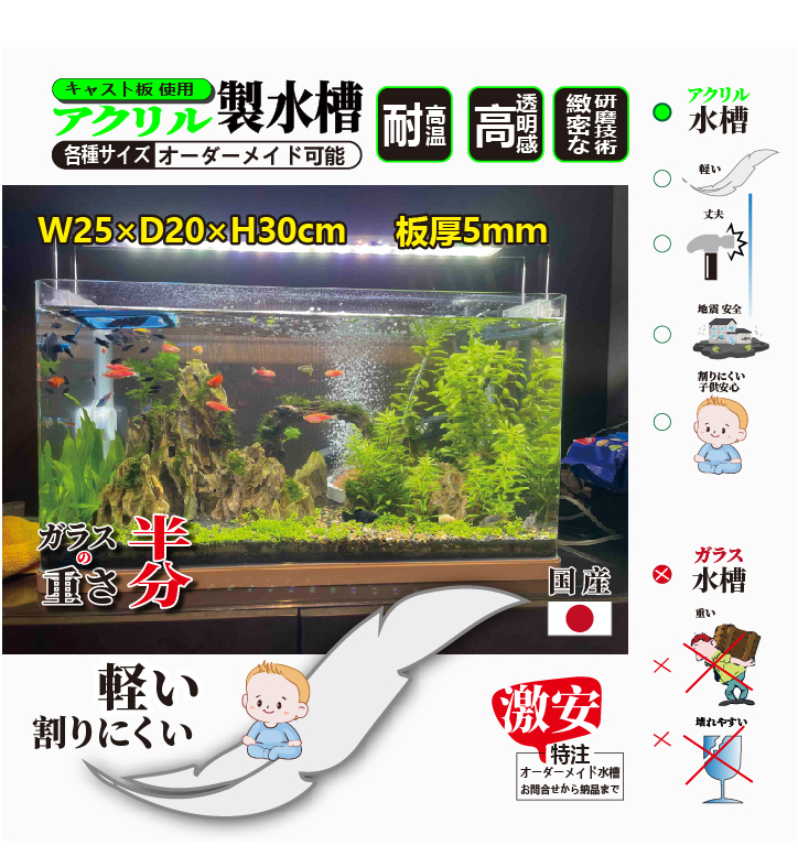 【送料無料】 自社生産 アクリル水槽 W250×D200×H300　板厚：5ｍｍ 水族箱 アクリル 金魚鉢 大型水槽 　アクリルクリアタンク 水槽 保温性 熱帯魚飼育に適