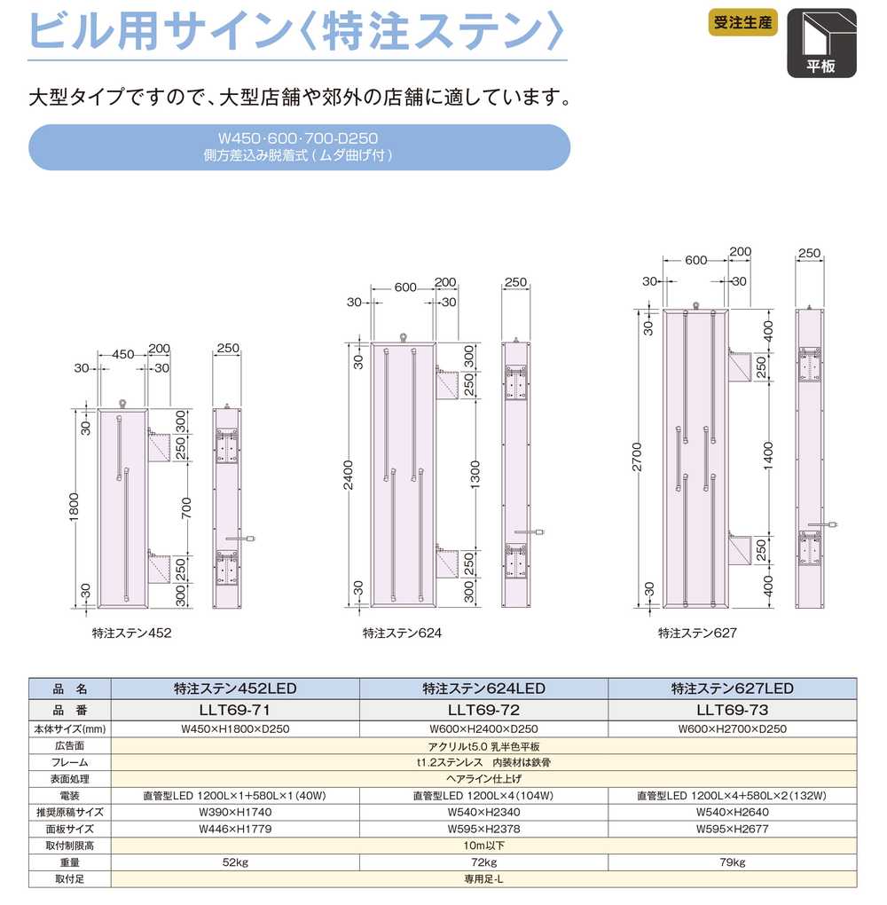 タキロンシーアイ 袖看板 W600×H2700 ステンレス 三和サインワークス