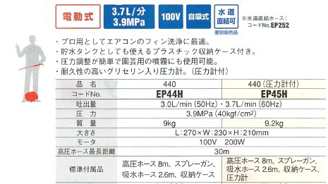 アサダ 高圧洗浄機 440 電動100V 冷水タイプ (圧力計付き) EP45H