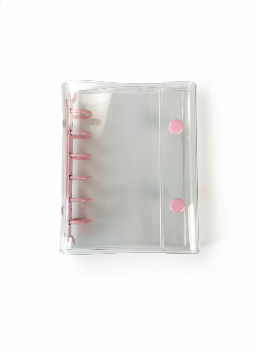 透明 シール帳 A7サイズ ダブルボタン PVCカバー カラフルリング 6穴