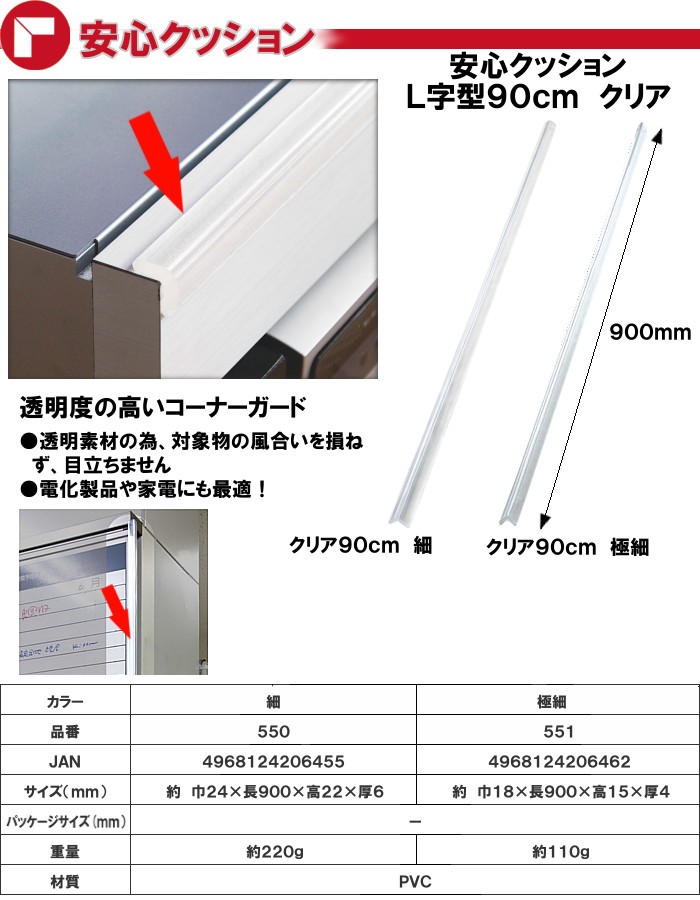 安心クッションクリアL字型90cm極細 CARBOY 品番 551 / カラー クリア 返品不可  :496812420-6462:カネマサかなものe-shop - 通販 - Yahoo!ショッピング