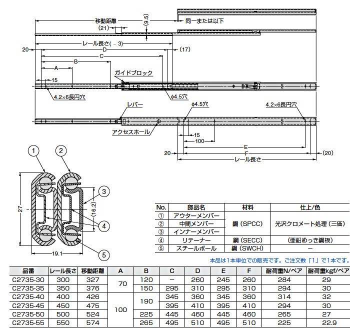 3段引 スライドレール Accuride C2735-40 (レール長さ 400mm) (厚み