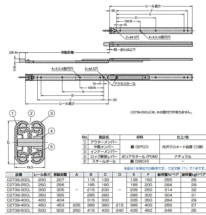 3段引 スライドレール Accuride C2739-25CL (レール長さ 250mm) (厚み