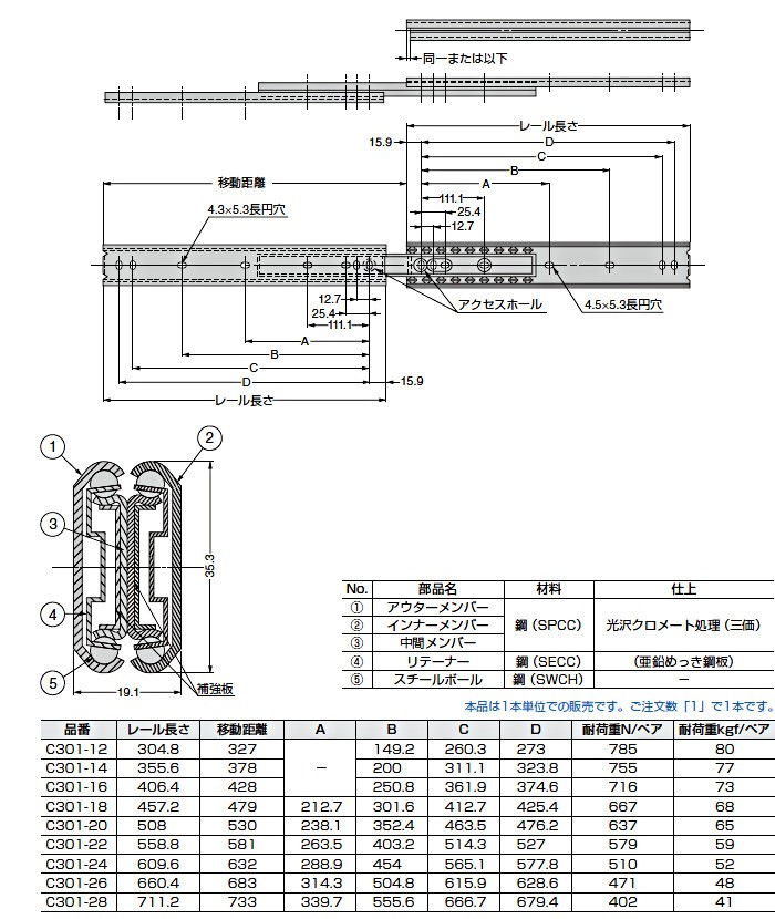 3段引 スライドレール Accuride C301-24 (レール長さ 609.6mm) (厚み