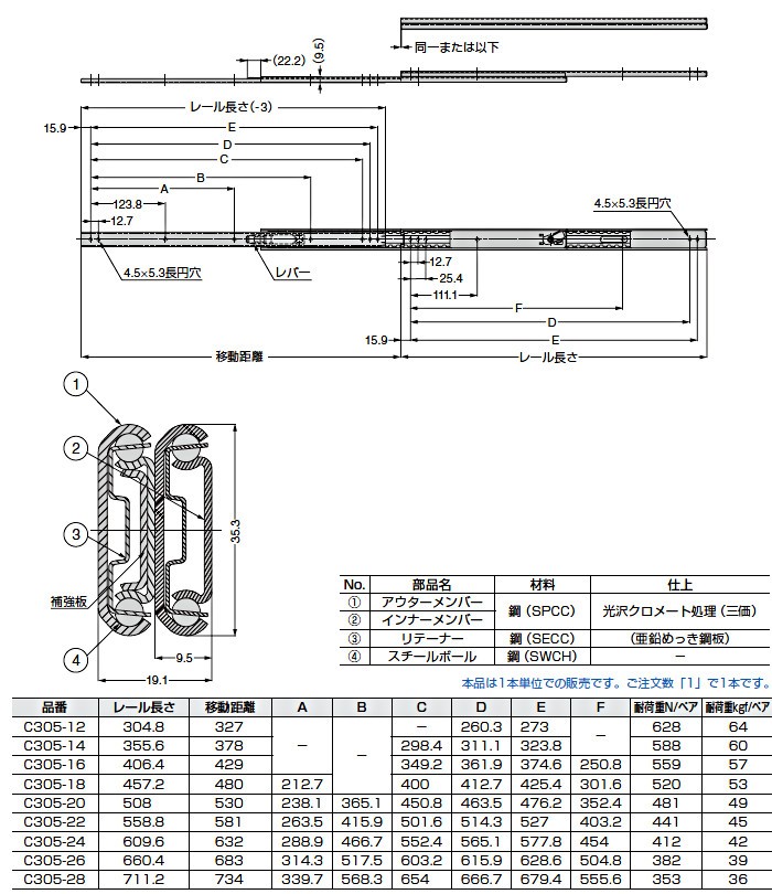 3段引 スライドレール Accuride C305-18 (レール長さ 457.2mm) (厚み