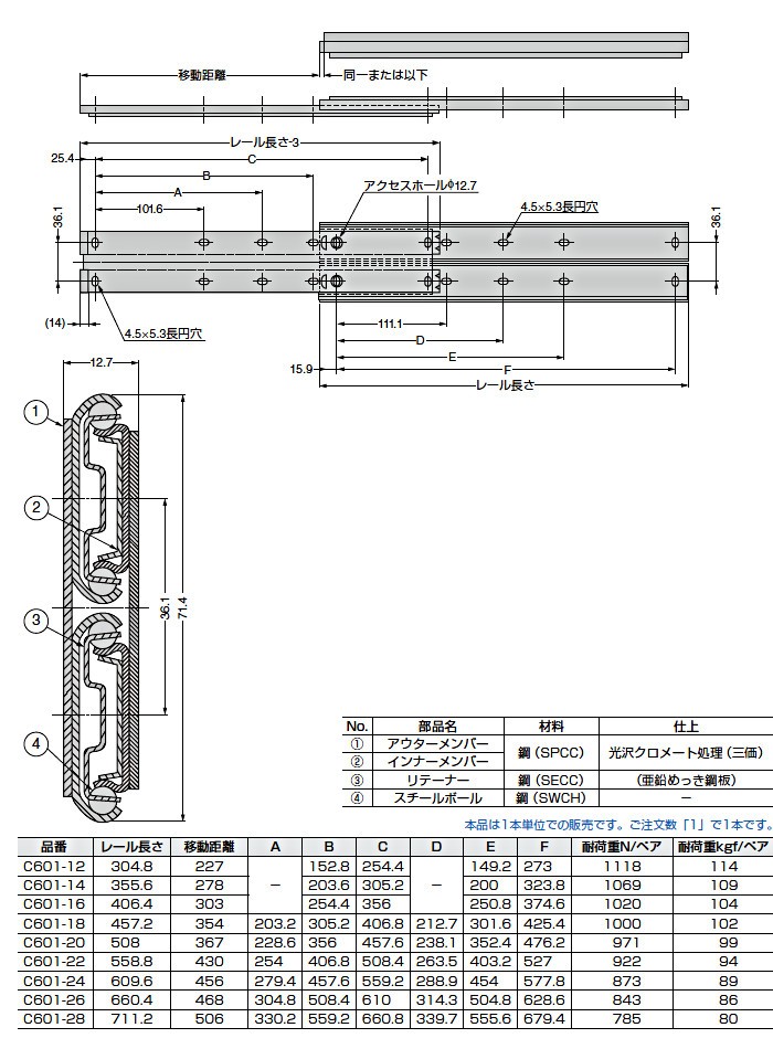 2段引 スライドレール Accuride C601-22 (レール長さ 558.8mm) (厚み