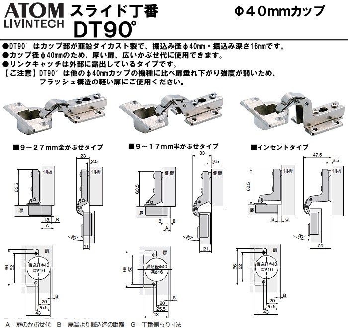 スライド丁番 ATOM / アトム DT-90-27-1LA キャッチなし キッチン収納