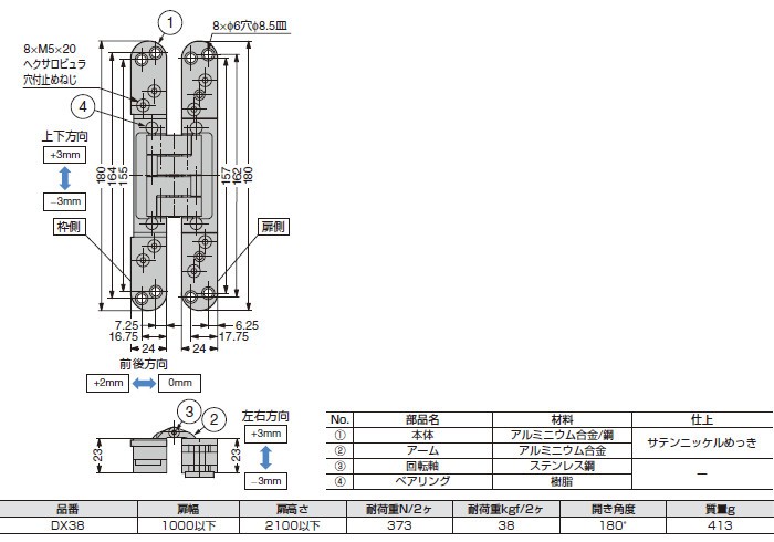 スガツネ 三次元調整機能付隠し丁番 LAMP DX38-10 サテンニッケル 耐