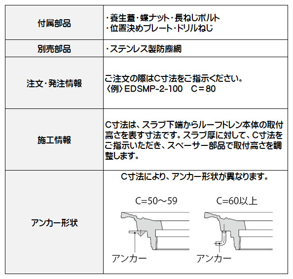カネソウ ステンレス鋳鋼製ルーフドレン 屋上用 たて引き用 デッキプレート打込型 ねじ込み式 EDSMP-2-150 呼称150mm C寸法201〜500mm_3