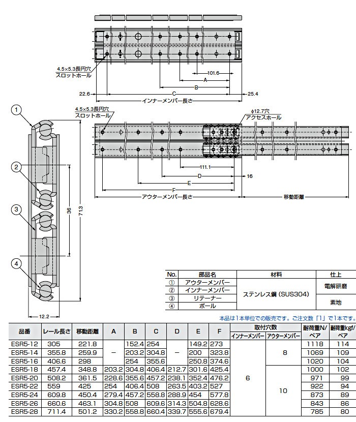 スガツネ 2段引 スライドレール LAMP ESR5-24 (レール長さ 609.8mm