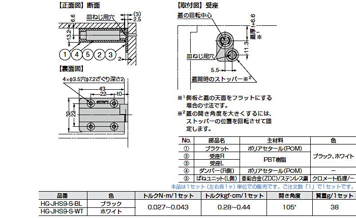 スガツネ 自開式ダンパーヒンジ 側面付 LAMP HG-JHS9-S-BL ブラック