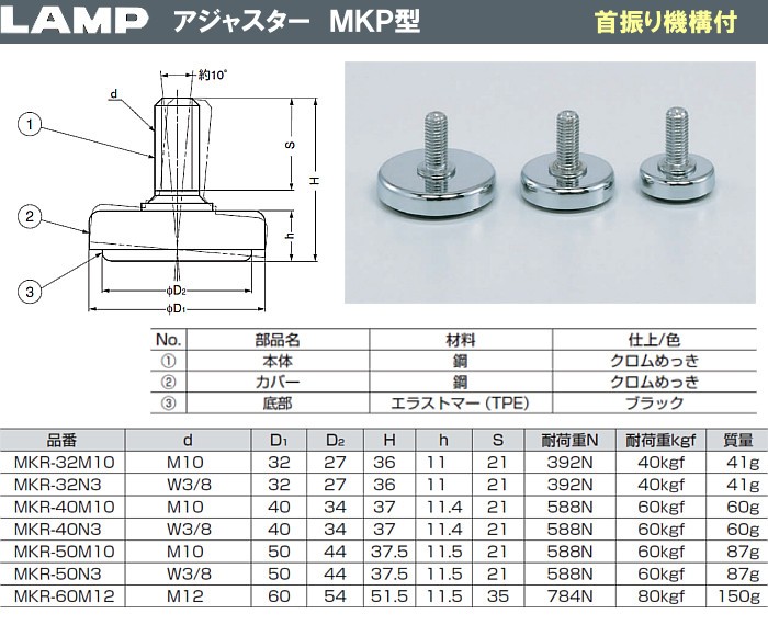 アジャスター MKR型 首振り機構付 LAMP スガツネ MKR-50N3 W3/8×Φ50