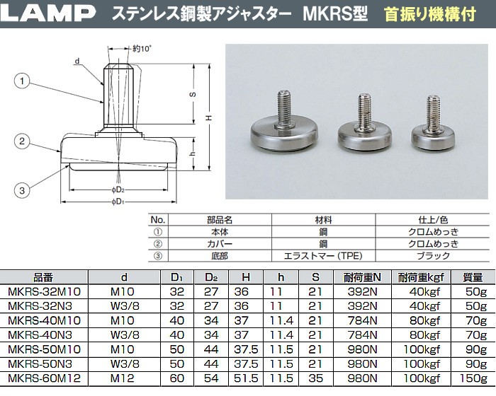 ステンレス鋼製 アジャスター MKRS型 首振り機構付 LAMP スガツネ MKRS