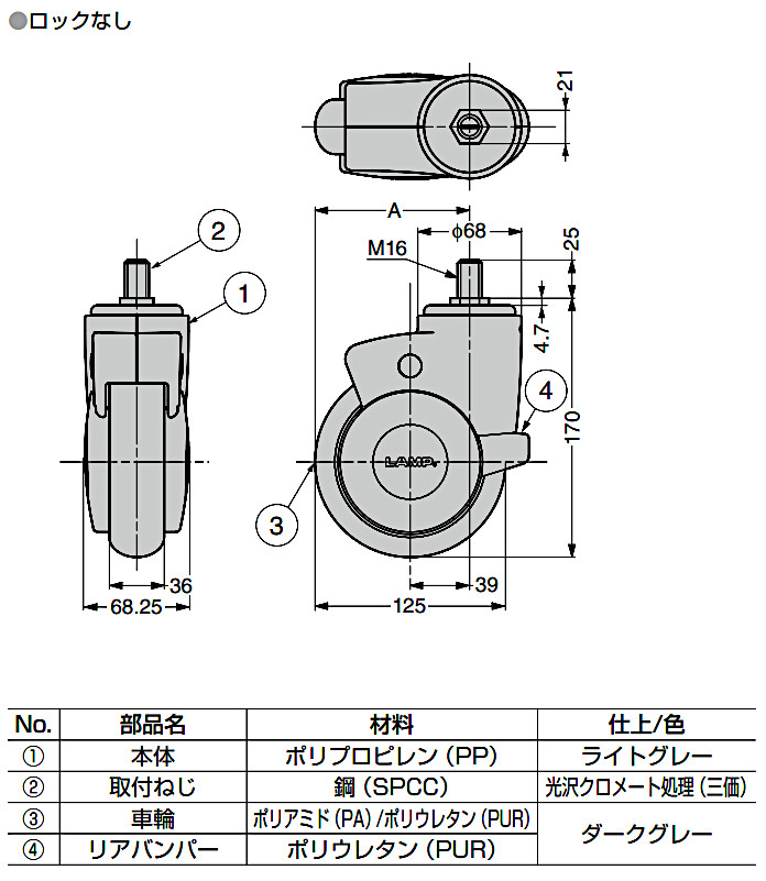 スガツネ 大型デザインキャスター MX-125N型 MX-125N16 ライトグレー 1