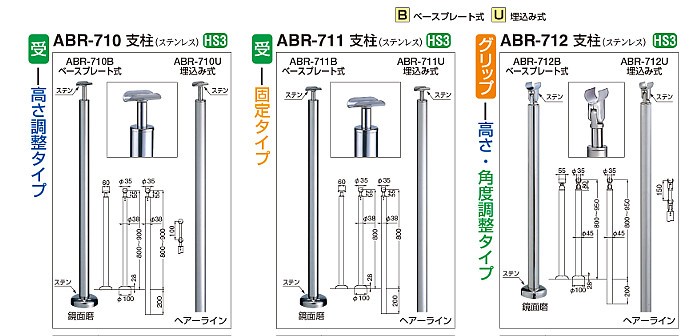 アプローチ手すり用支柱 白熊 シロクマ ABR-710U 埋め込み式 H800〜900