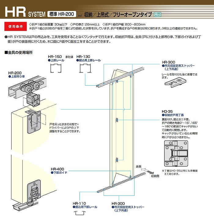 標準HR-200使用折戸 2組用セット品 アトム シルバーレール長さ1800mm用