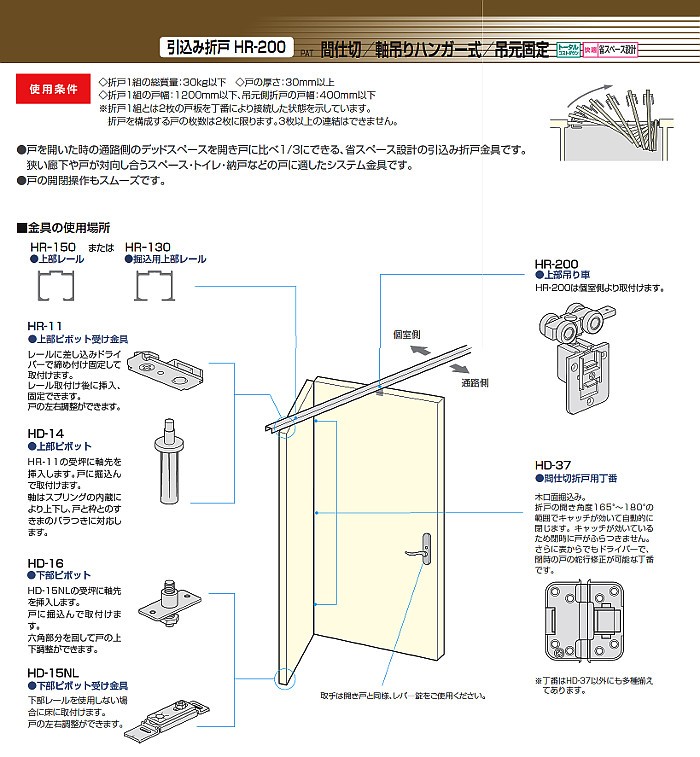 引込み折戸HR-200使用 セット品 アトム シルバーレール長さ1800mm用