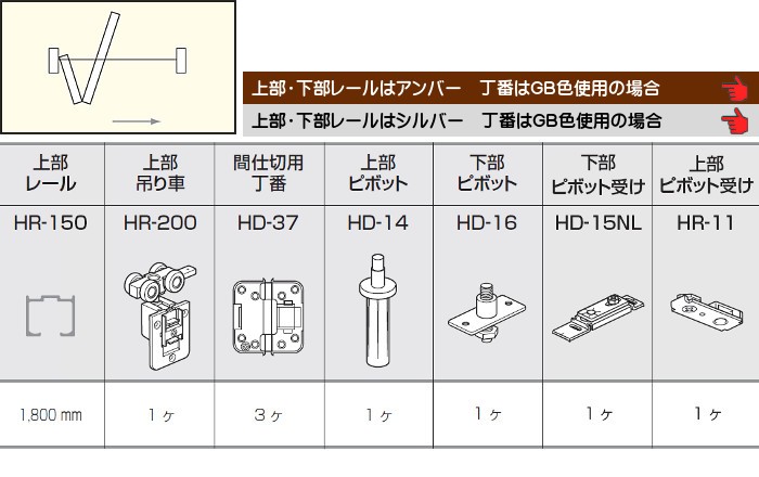 引込み折戸HR-200使用 セット品 アトム シルバーレール長さ1800mm用