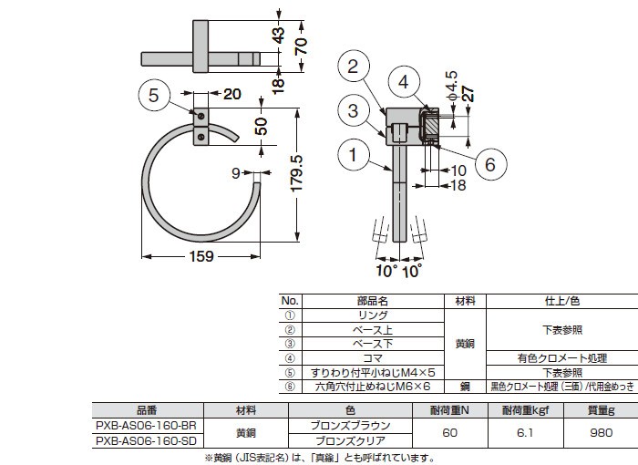 スガツネ タオル掛 エイジドスクリュー LAMP PXB-AS06-160-SD黄銅