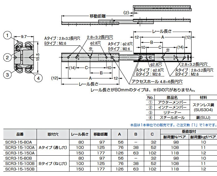 スガツネ 3段引 スライドレール LAMP SCR3-15-150B (ねじ穴) Bタイプ