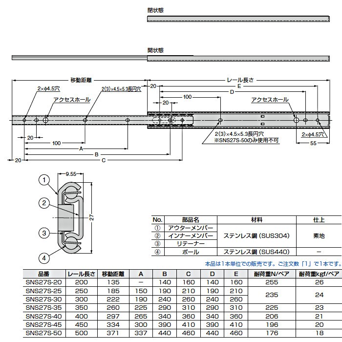 スガツネ 2段引 スライドレール LAMP SNS27S-50 (レール長さ 500mm