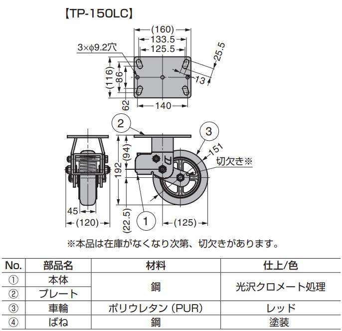 スガツネ　重量用ダンピングキャスター　TP型　TP-150LC-A-BU　1ヶ
