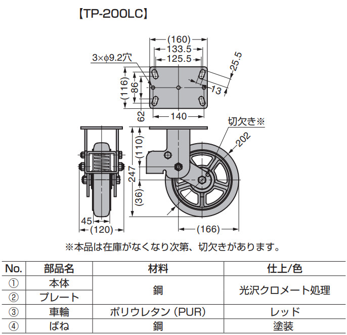 スガツネ　重量用ダンピングキャスター　TP型　TP-200LC-A-BU　1ヶ