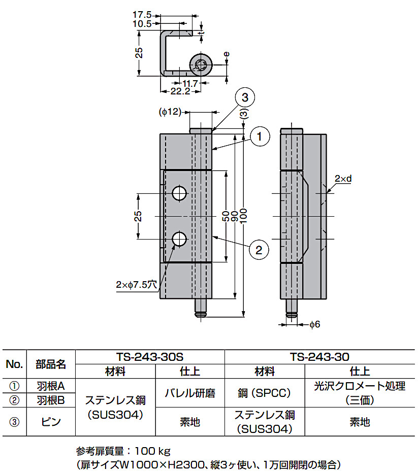 スガツネ 裏丁番 TS-243型 TS-243-30 光沢クロメート処理（三価） 1ヶ