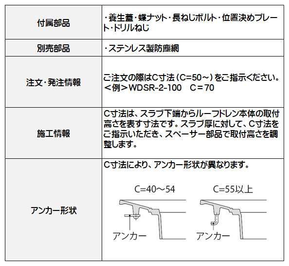 カネソウ 鋳鉄製ルーフドレン バルコニー・庇・屋上用 防水層張掛け幅60mm たて引き用 デッキプレート打込型 ねじ込み式 WDSR-2-150 呼称150mm C寸法201〜500mm_3