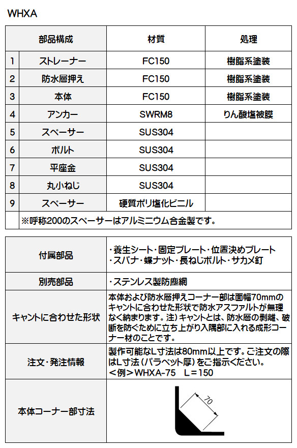 カネソウ 鋳鉄製ルーフドレン 屋上用 防水層張掛け幅100mm よこ引き用 打込型 ねじ込み式 WHXA-200 呼称200mm L寸法100〜200mm_3